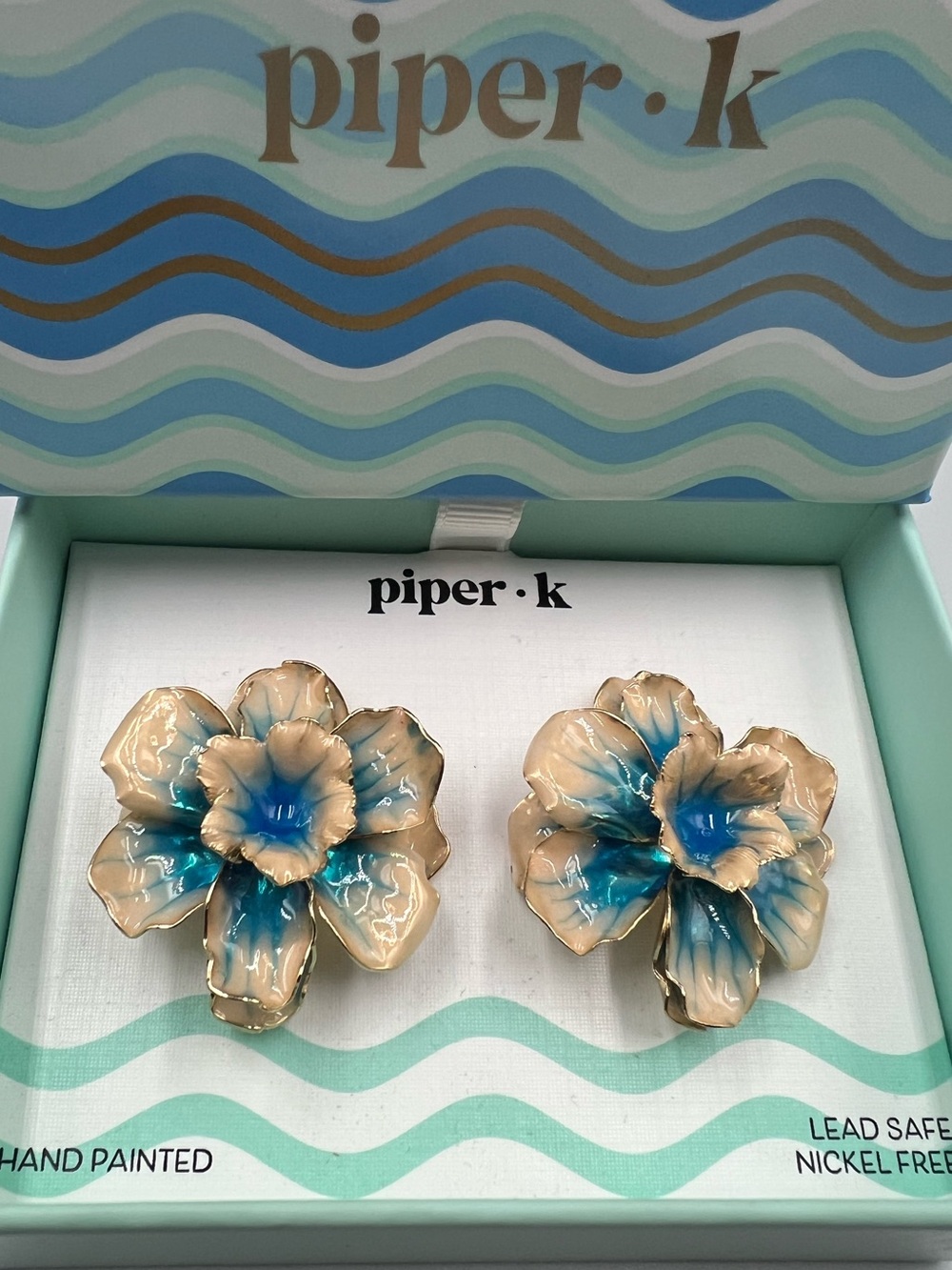 Piper K Blue Teal Flower Stud Earrings Hand Painted Enamel Gold Tone NIB